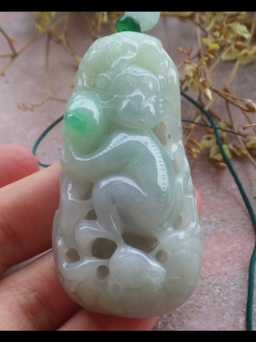 Certificate Jadeite Jade Green Pendant Monkey peach Bat